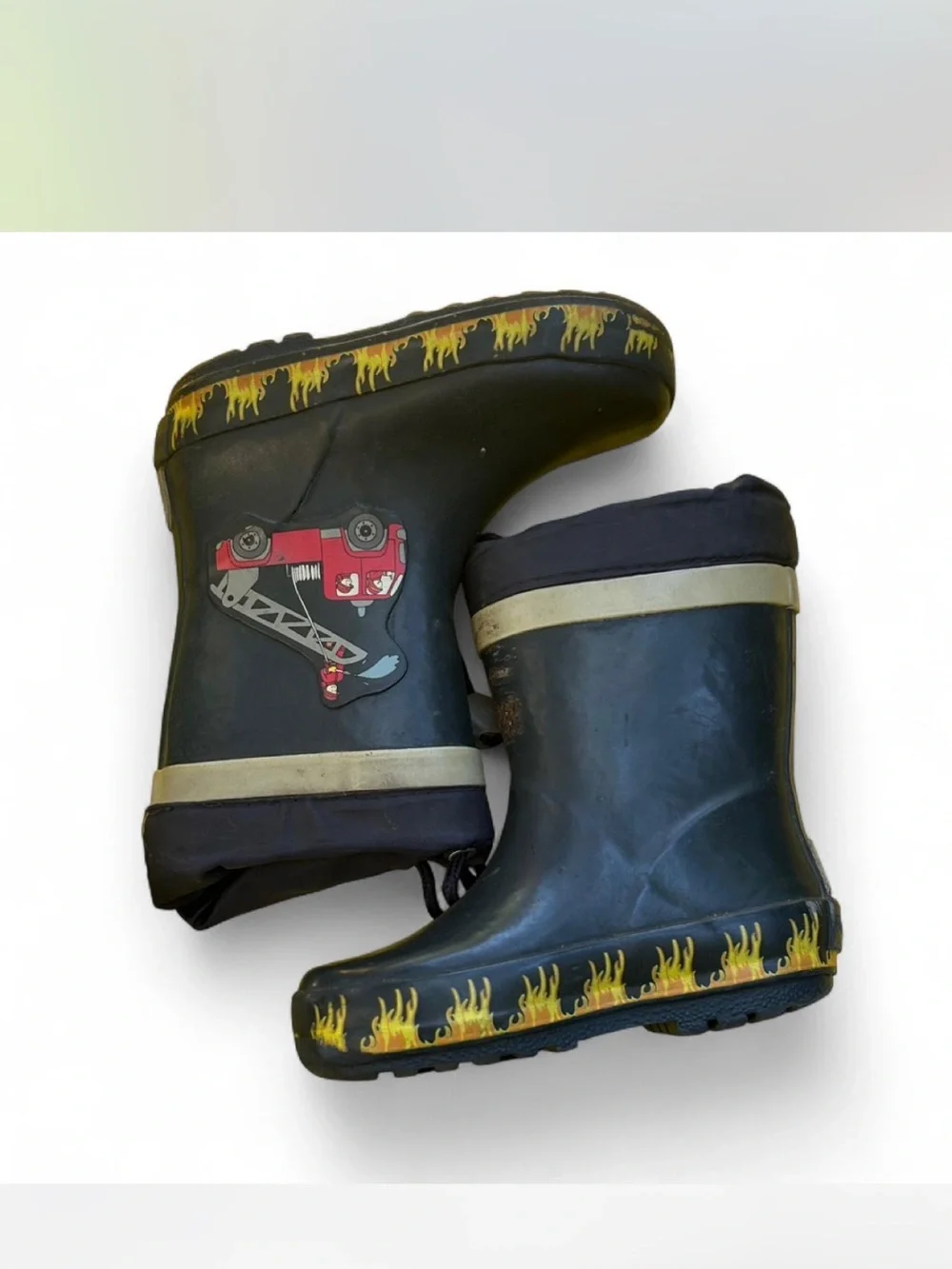 Kids Black Fire Truck Rain Boots with Yellow Flame Trim